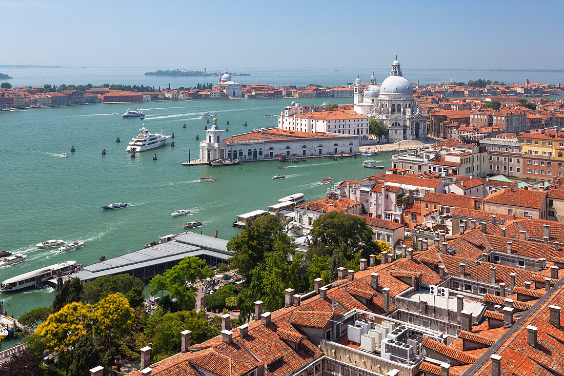 Europe, Italy, Veneto, Venice, Overview from the bell tower of San Marco towards Punta della Dogana and Santa Maria della Salute