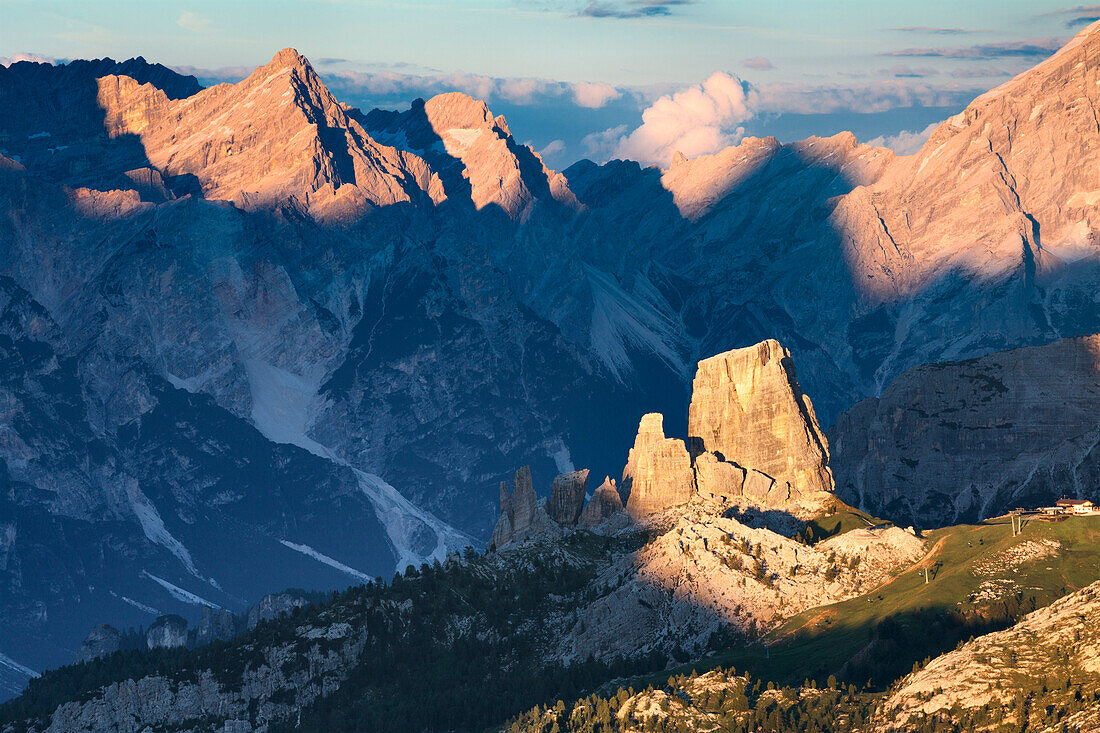 Europe, Italy, Veneto, Belluno, Cortina d Ampezzo, The Cinque Torri at sunset, Dolomites