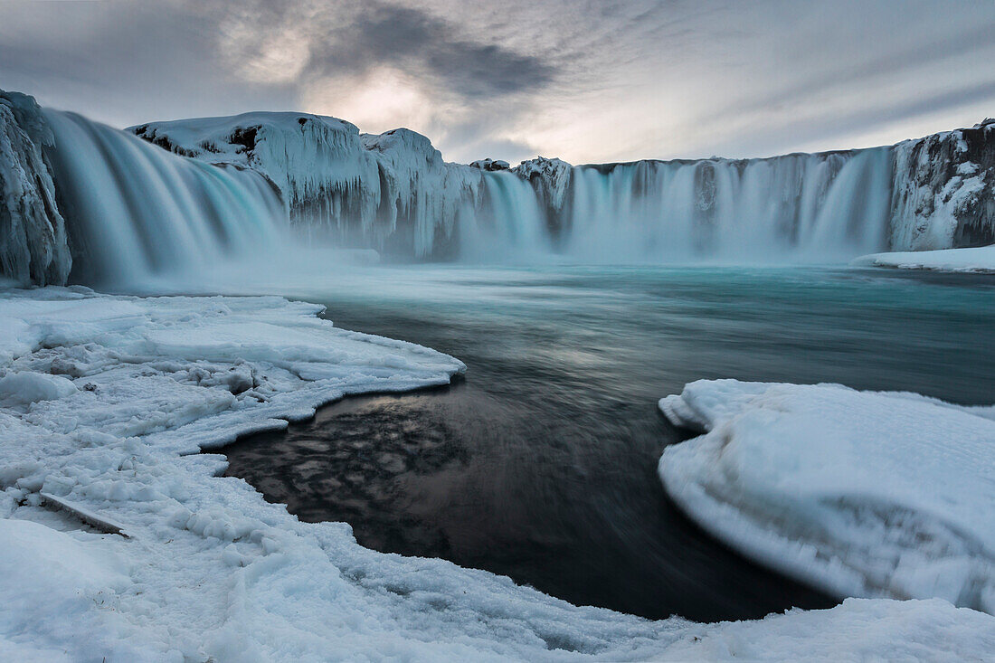 Gullfoss waterfall in norther Iceland near Akureyri after the sunset, during the blue hour in a cold winter evening