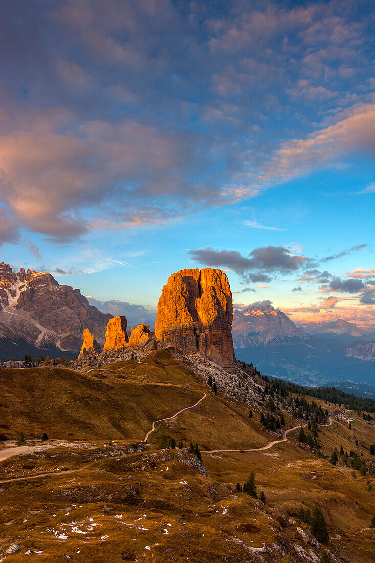 Five Towers at sunset, province of Belluno, Ampezzo Dolomites, Veneto, Italy
