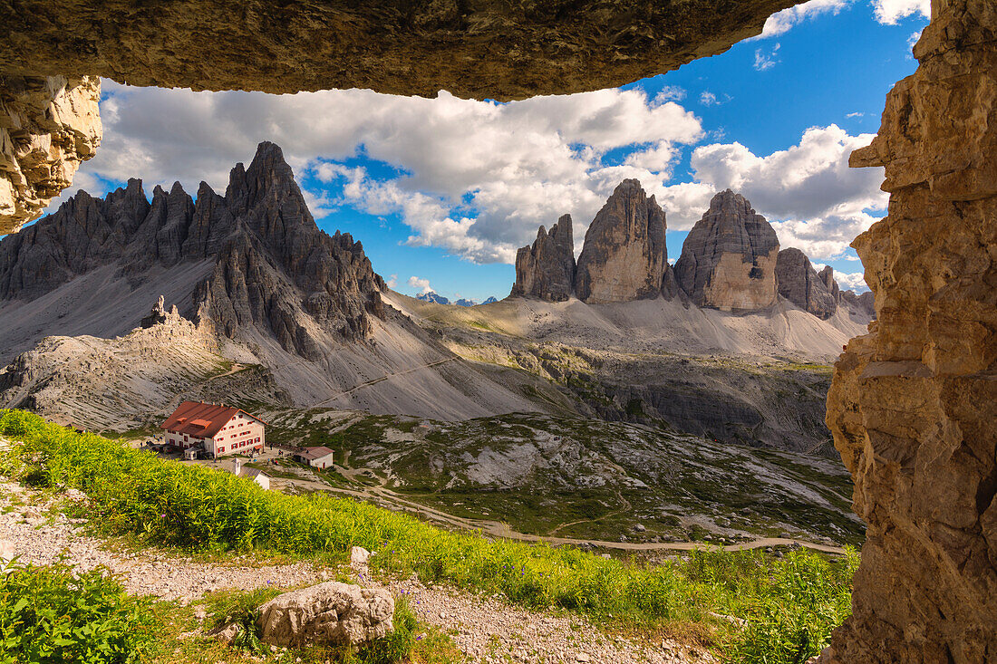 Three peaks of Lavaredo views from a cave, Bolzano Province, Trentino Alto Adige, Italy