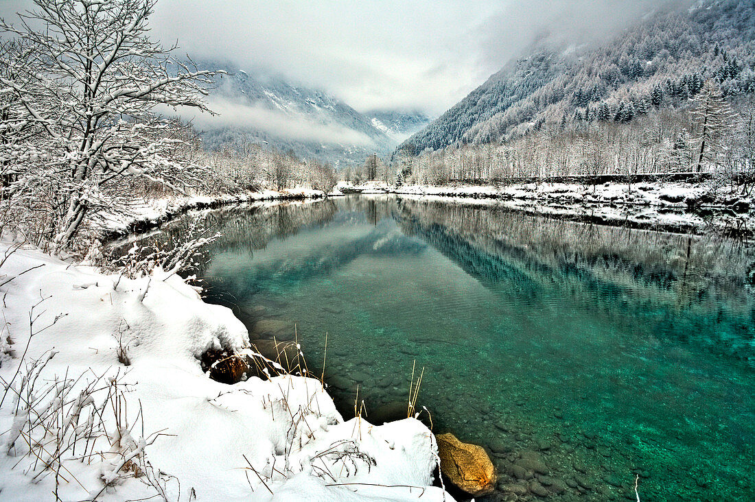 Winter at Masino valley, lake, Lombardy, Italy