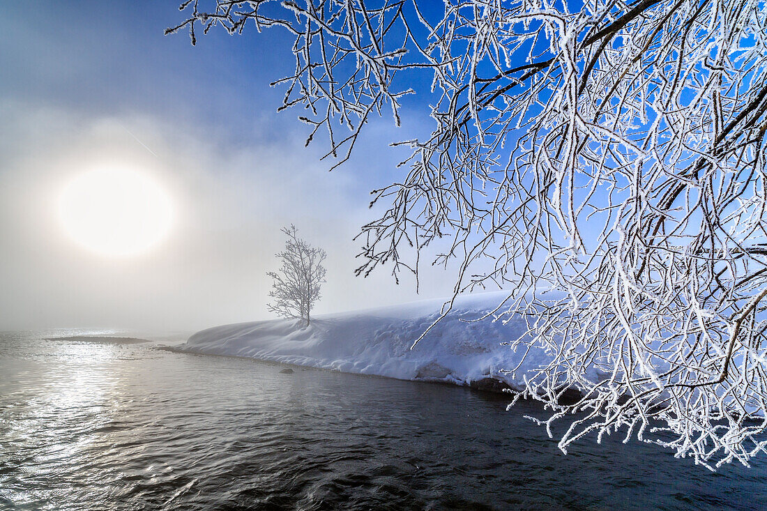 The sun filters through the dense fog surrounding Sils, Engadine, Switzerland, Europe