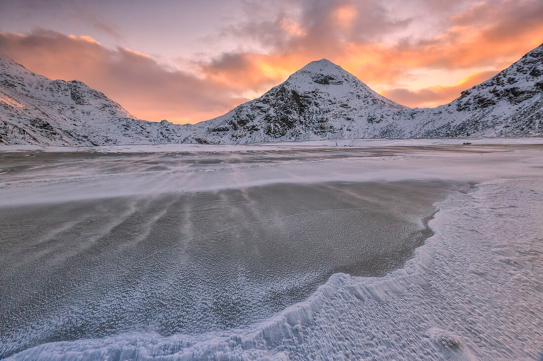 Wind blows on the cold sea of Uttakleiv at dawn, Lofoten Islands Norway Europe