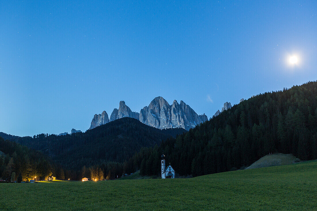 Ranui church at night, St, Magdalena Funes Valley South Tyrol Dolomites Italy Europe