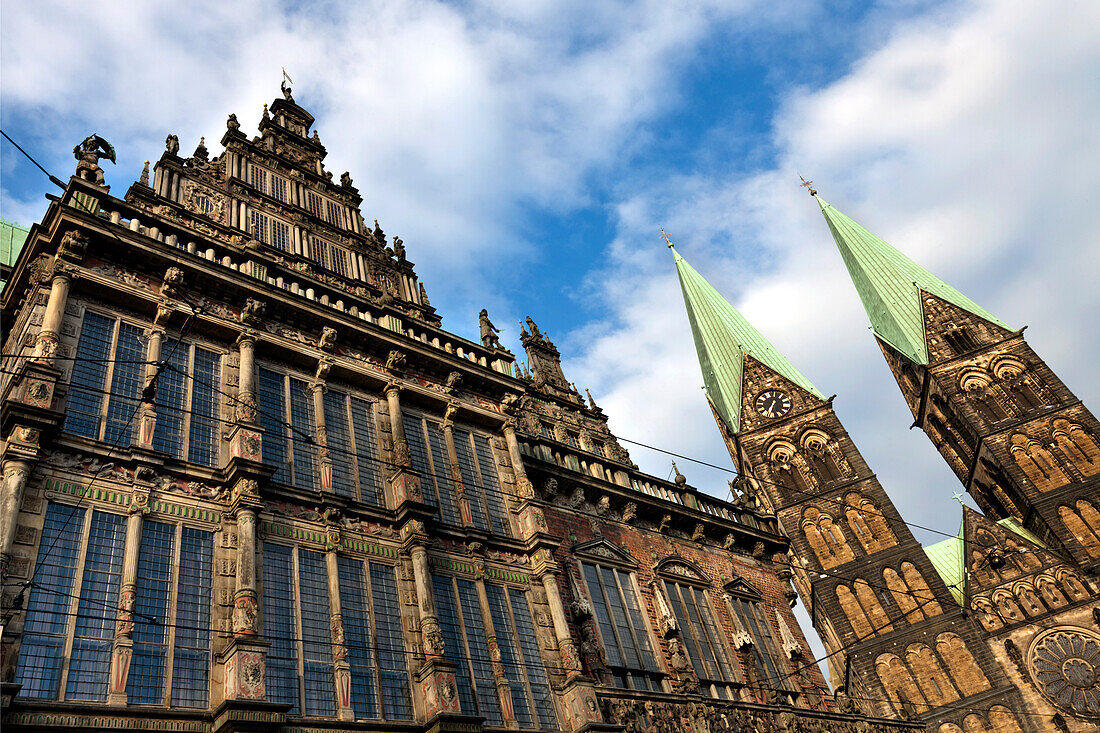 Detail of the Rathaus and St. Petti Dom, Marktplatz, Bremen, Germany