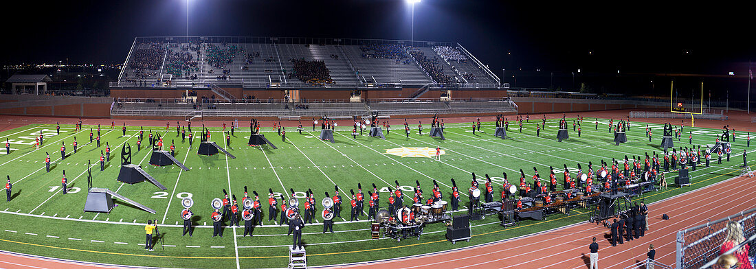 Marching band practicing at a high school pep rally, San Antonio, Texas, USA