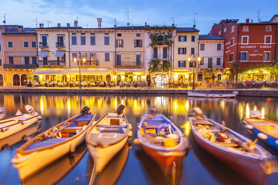 Fishing boats in the harbour of Lazise by the Lake Garda, Northern Italien Lakes, Veneto, Northern Italy, Italy, Southern Europe, Europe