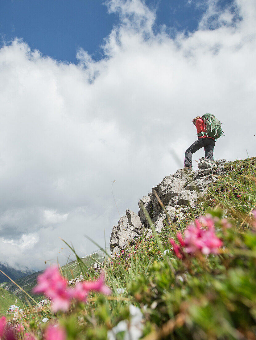 Young female hiker standing on a rock in the near of the Muttlerkopf in the Alps