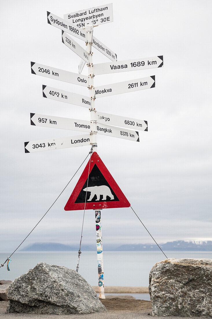 Attention polar bears -  warning sign next to the entrance of Longyearbyen airport, Spitzbergen, Svalbard