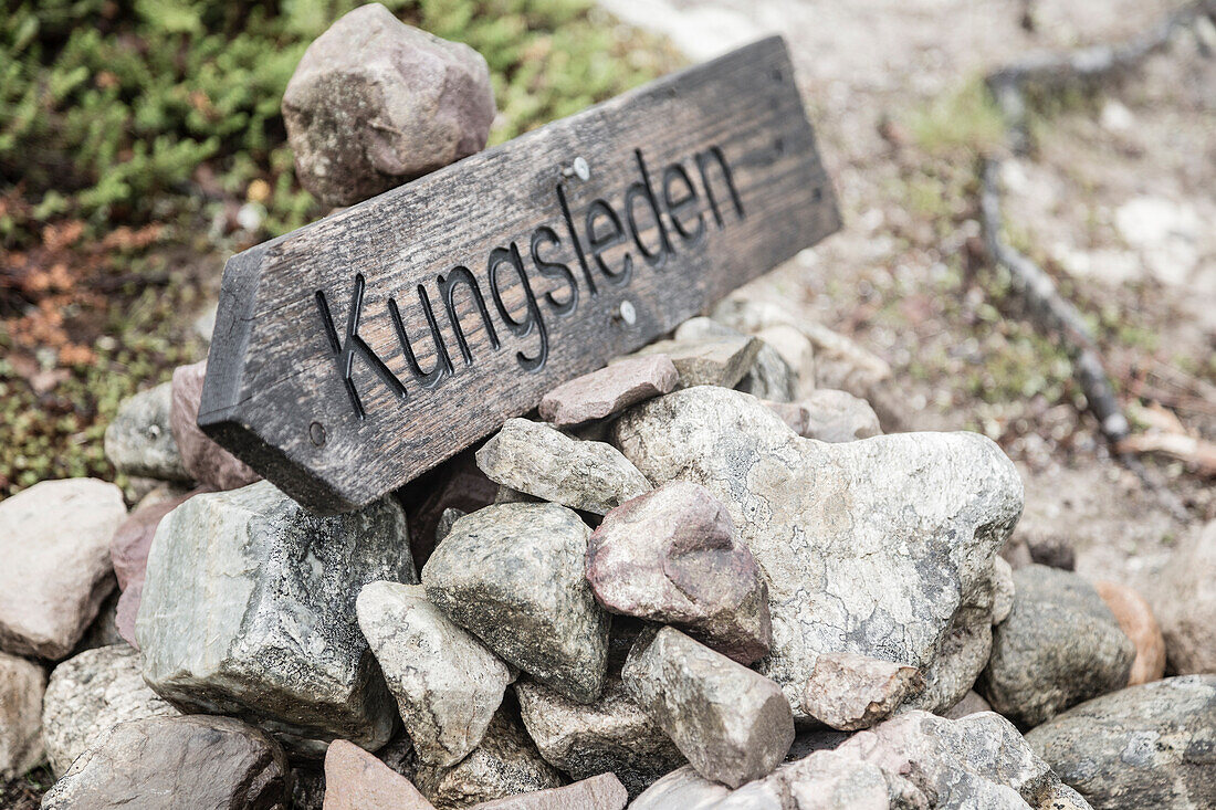 Sign to the Kungsleden trekking route, path. Laponia, Lapland, Sweden.