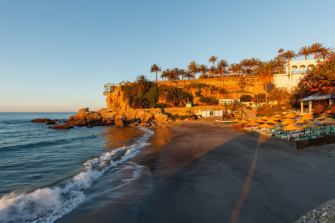 Playa de la Calahonda beach below Balcon de Europa, viewpoint to the Mediterranean Sea, Nerja, Costa del Sol, Malaga province, Andalucia, Spain, Europe