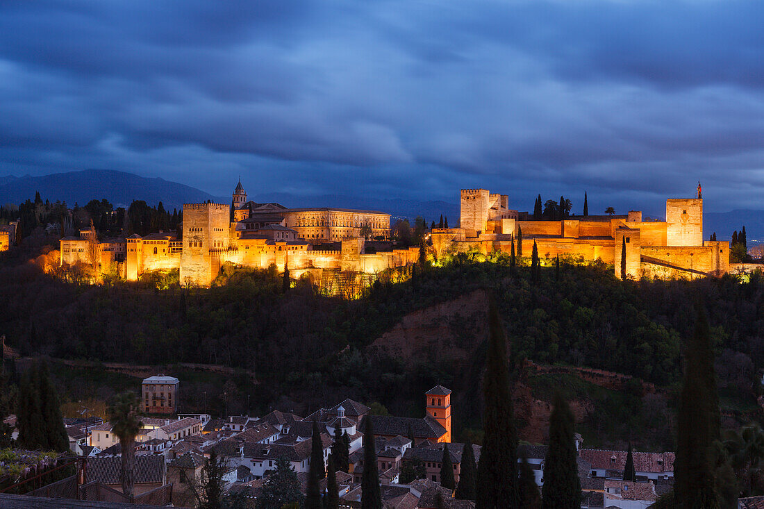 Alhambra, palace and fortress in the evening, moorish architecture, UNESCO World Heritage, view from Mirador San Nicolas, old town, Granada, Andalucia, Spain, Europe