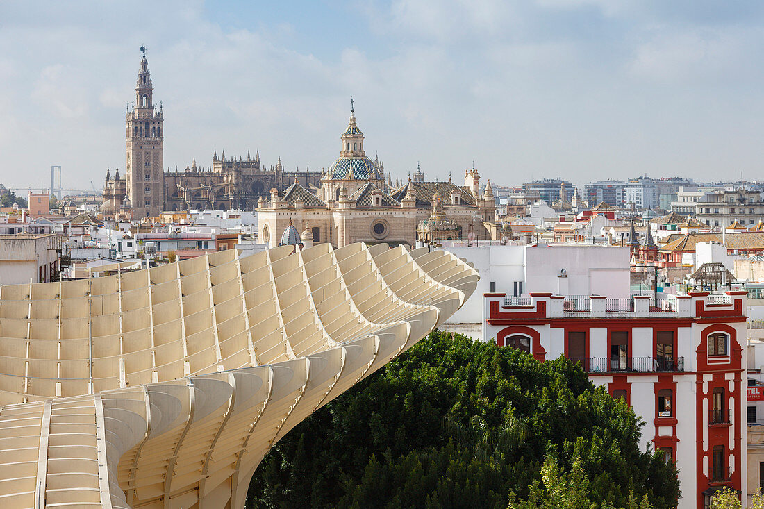 Metropol Parasol, Aussichtsplattform, Plaza de la Encarnación, moderne Architektur, Architekt Jürgen Mayer Hermann, Blick auf die Altstadt mit Kathedrale, Sevilla, Andalusien, Spanien, Europa