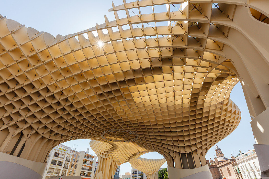 Metropol Parasol, viewing platform, Plaza de la Encarnacion, modern architecture, architect Juergen Mayer Hermann, view to the old town with the cathedral, Seville, Andalucia, Spain, Europe