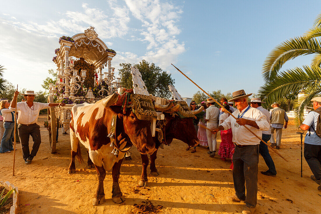 Simpecado-Karren an einem Gutshof, El Rocio, Wallfahrt nach El Rocio, Fest, Pfingsten, Provinz Huelva, Provinz Sevilla, Andalusien, Spanien, Europa