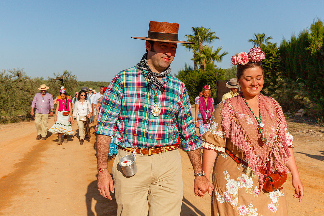 Pilgerpaar, El Rocio, Wallfahrt nach El Rocio, Fest, Pfingsten, Provinz Huelva, Provinz Sevilla, Andalusien, Spanien, Europa