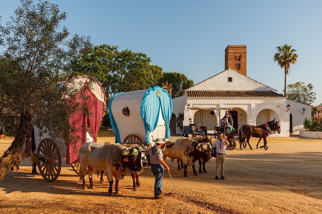 Ermita de Cuatrovitas chapel, ox carts, El Rocio pilgrimage, Pentecost festivity, Huelva province, Sevilla province, Andalucia, Spain, Europe