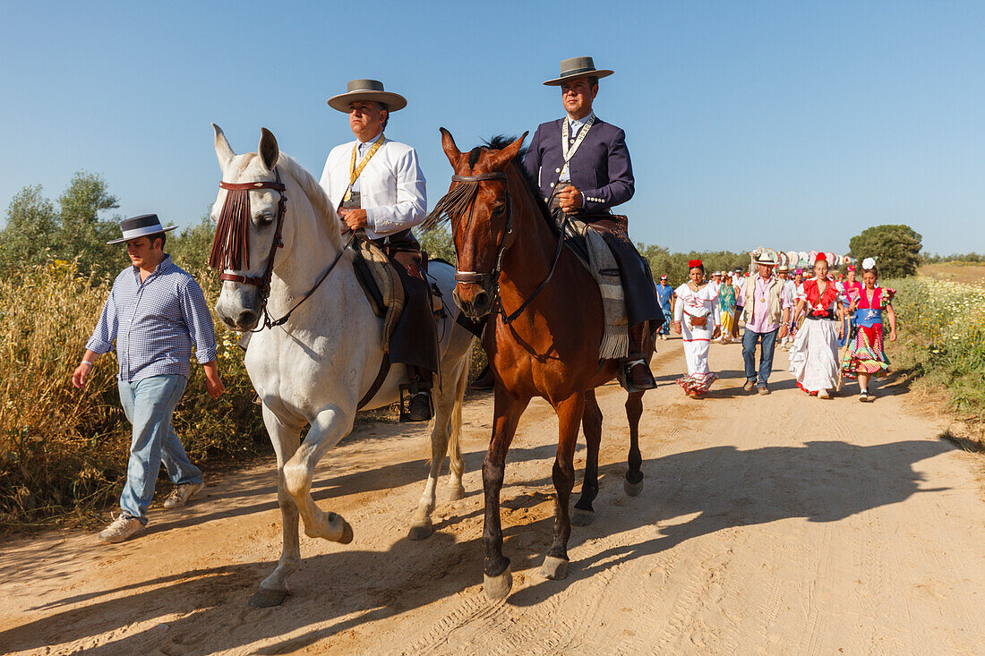 Horse riders at the El Rocio pilgrimage, Pentecost festivity, Huelva province, Sevilla province, Andalucia, Spain, Europe