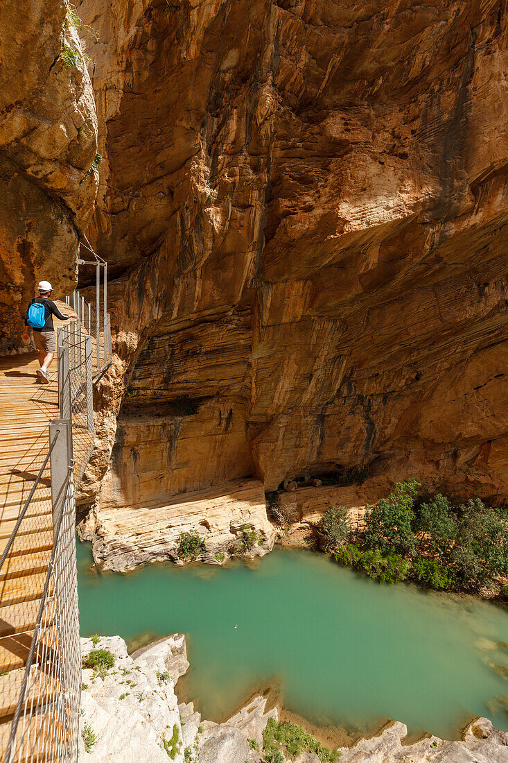 Wanderer, Caminito del Rey, Klettersteig, Wanderweg, Schlucht, Rio Guadalhorce, Fluss, Desfiladero de los Gaitanes, bei Ardales, Provinz Malaga, Andaliusien, Spanien, Europa