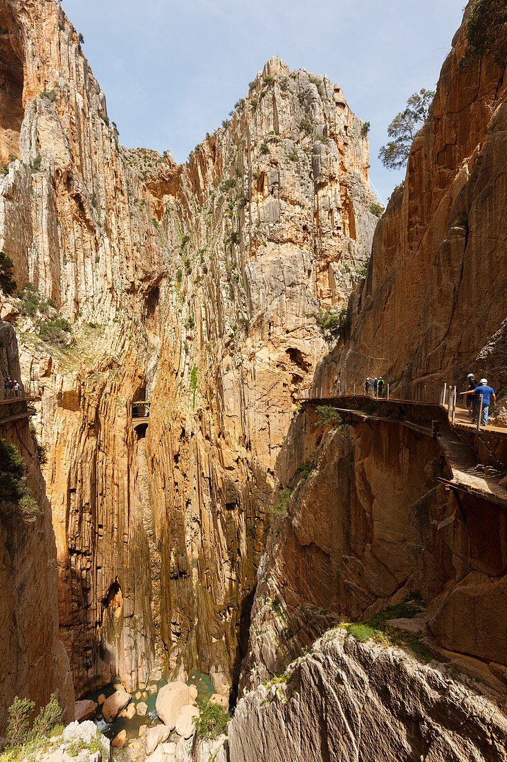 hikers on the Caminito del Rey via ferrata hiking trail, gorge, Rio Guadalhorce, river, Desfiladero de los Gaitanes, near Ardales, Malaga province, Andalucia, Spain, Europe