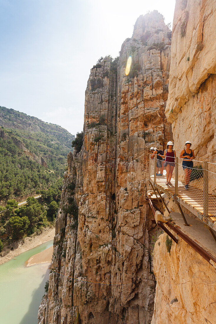 hikers, Caminito del Rey, via ferrata, hiking trail, gorge, Rio Guadalhorce, river, Desfiladero de los Gaitanes, near Ardales, Malaga province, Andalucia, Spain, Europe