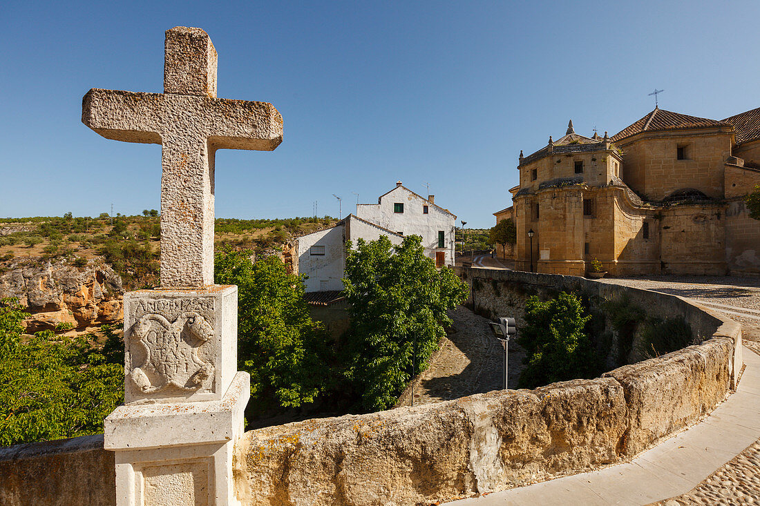 Stone cross near Iglesia del Carmen church, Alhama de Granada, Granada province, Andalucia, Spain, Europe