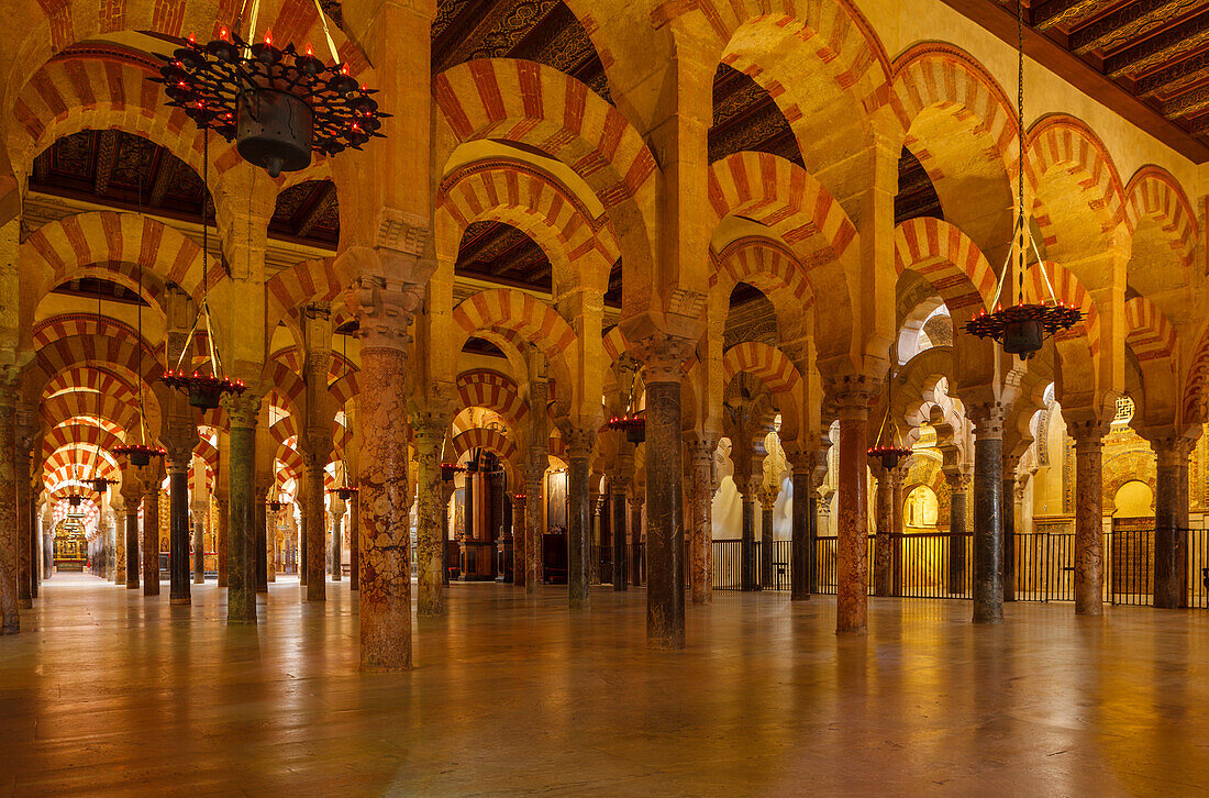 Gebetrhalle mit Säulen, Mihrab, La Mezquita, Moschee, maurische Architektur, historisches Stadtzentrum von Cordoba, UNESCO Welterbe, Cordoba, Andalusien, Spanien, Europa