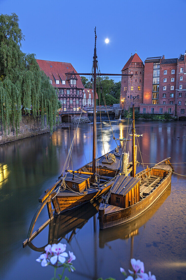 Old harbour with rising moon by night, Hanseatic town Lüneburg, Lower Saxony, Northern Germany, Germany, Europe