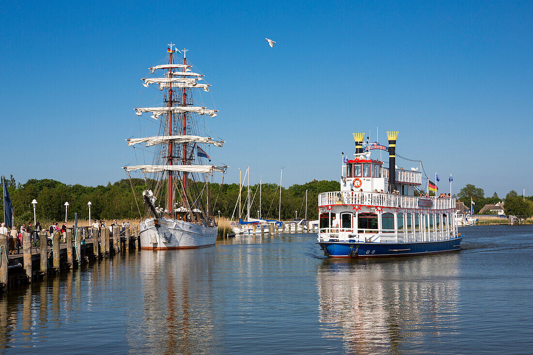 Sailing ship and steamer in the harbour of Zingst, Baltic Sea, Mecklenburg-Western Pomerania, Germany, Europe