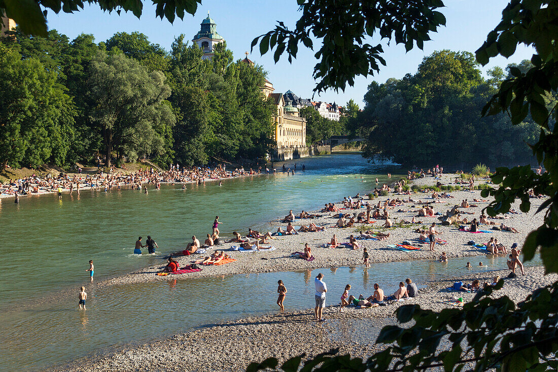 bathing at Isar river near Müllersches Volksbad in Munich, Upper Bavaria, Germany, Europe