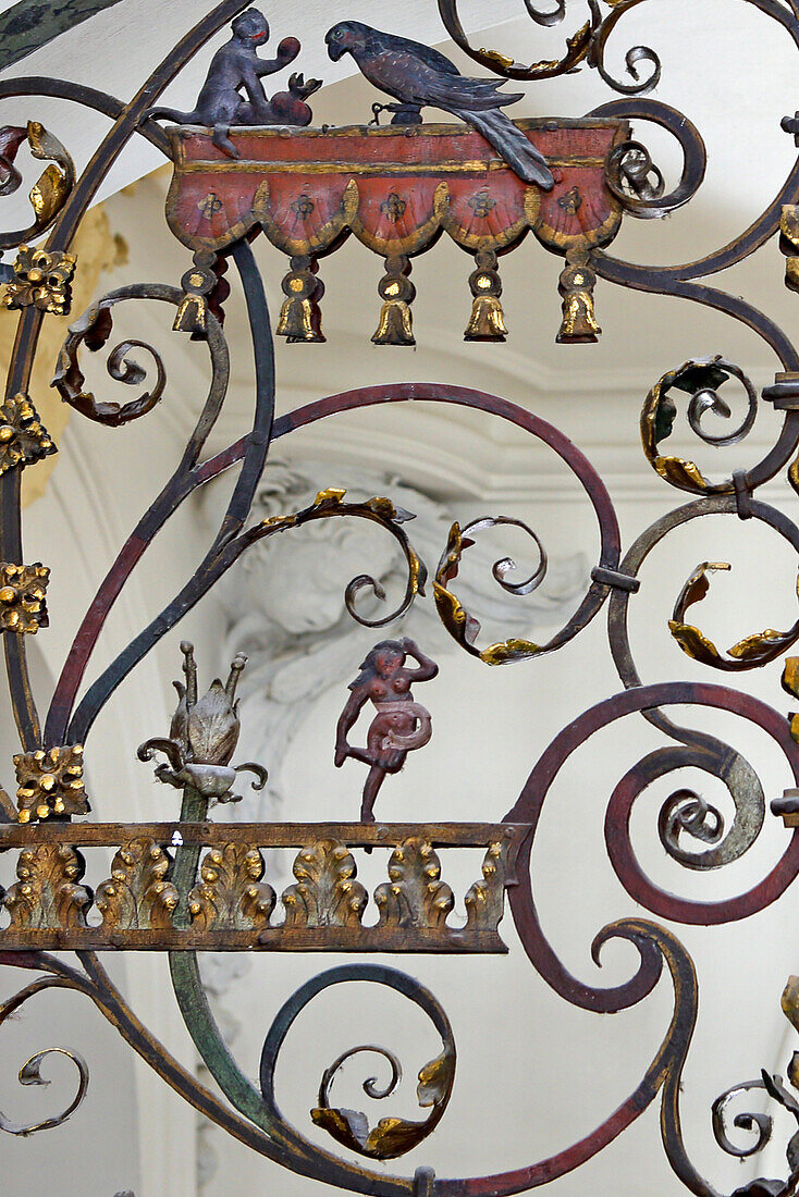 Detail of a iron-wrought gate in benedectine monastery Ottobeuren, Lower Allgaeu, Allgaeu, Swabia, Bavaria, Germany
