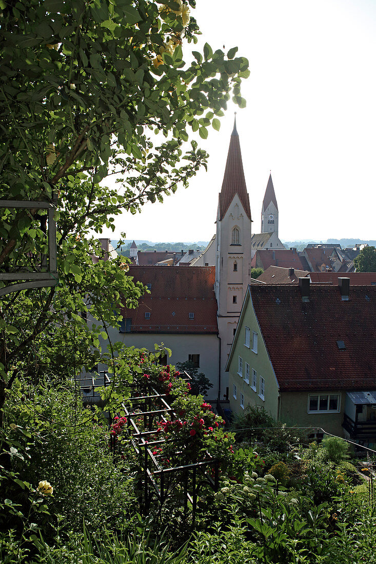 View from the garden of Crescentia over Kaufbeuren, Eastern Allgaeu, Allgaeu, Swabia, Bavaria, Germany