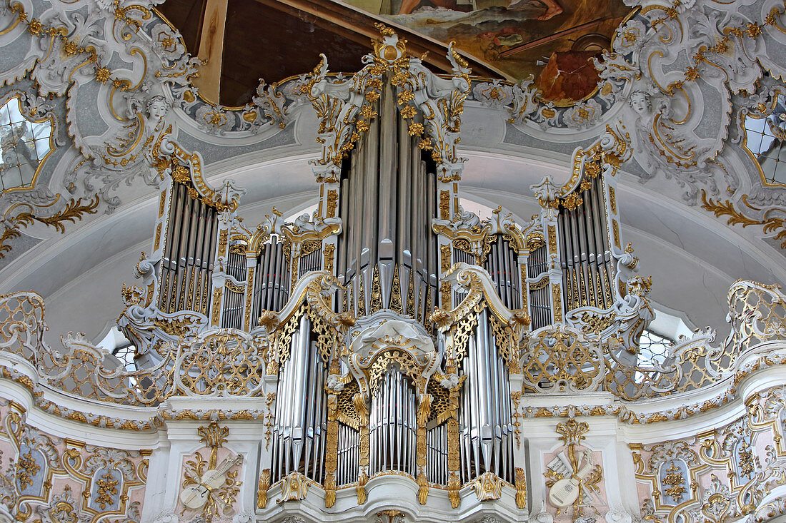 Orgel und Chor, Welfenmünster, Steingaden, Pfaffenwinkel, Oberbayern, Bayern, Deutschland