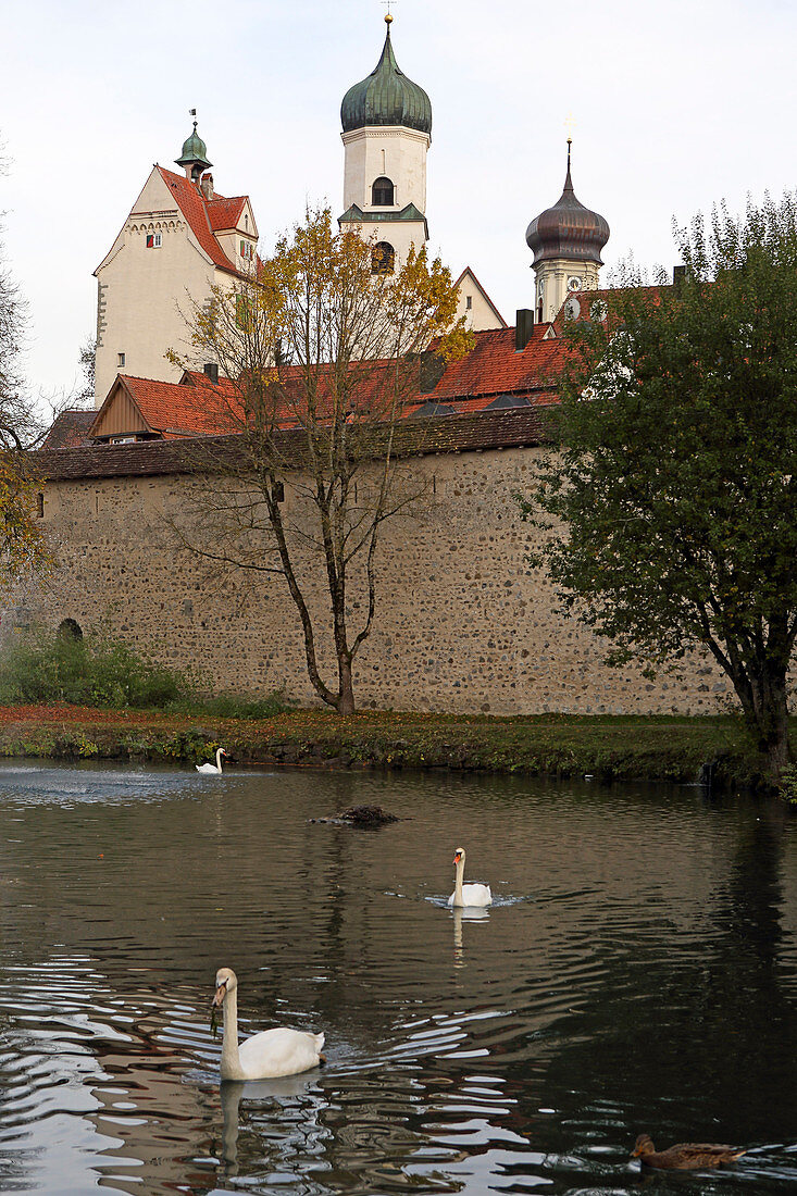 Steeples of Wassertor and churches St. Nikolai and St. Georg, Isny, Allgaeu, Baden-Wuerttemberg, Germany