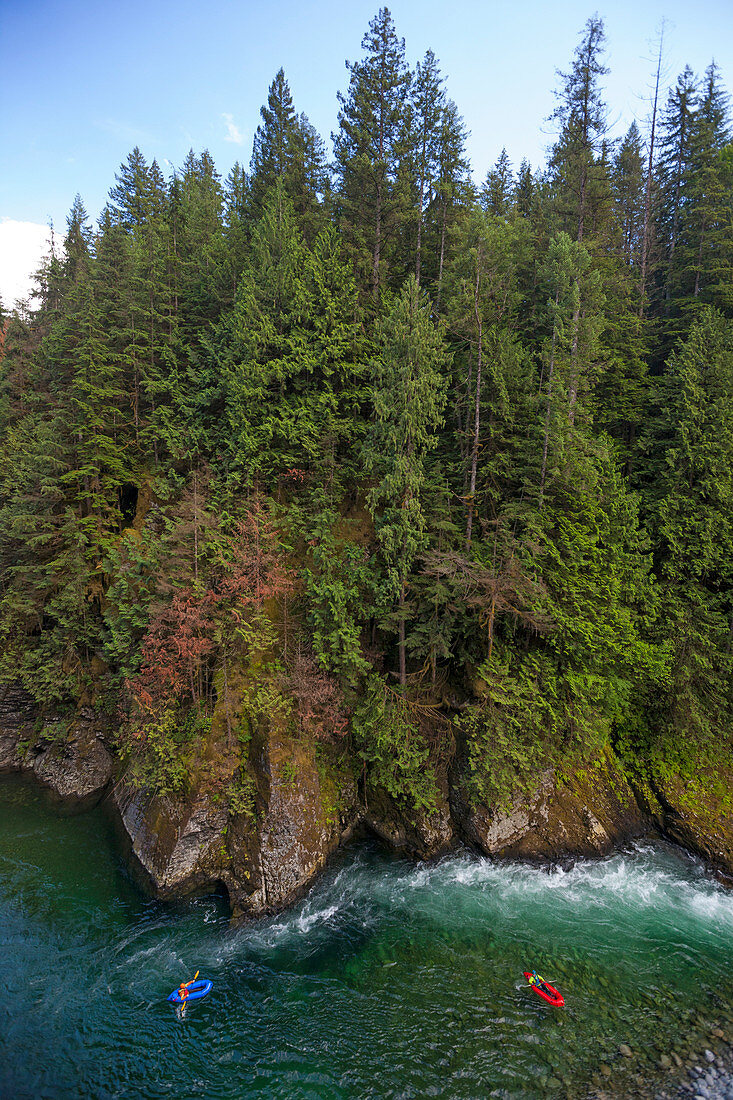 Adam Palmer and Evan Howard packraft the Chehalis River, British Columbia, Canada.