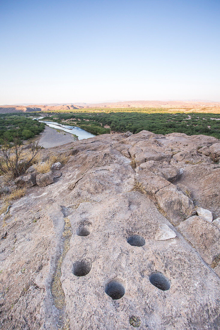 Six Grinding Holes In A Rock Outcrop Overlooking The Rio Grande River At The Border Of The Us And Mexico