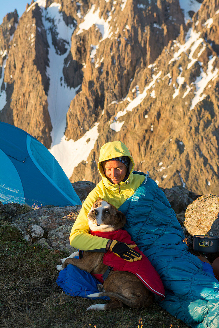 A Woman And Her Dog Camping On Blaine Peak Below Mount Sneffels