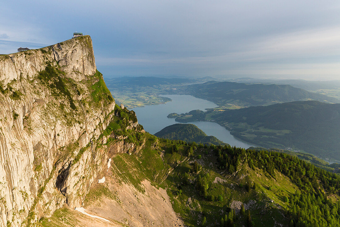 Mount Schafberg, view to Lake Mondsee, St. Wolfgang, Upper Austria, Austria, Europe