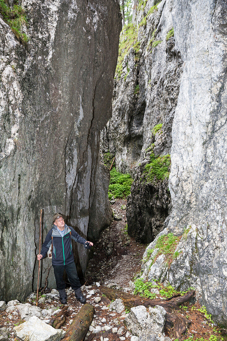 ' Peter Gruber, author and herder in ''Notgasse'', gorge in the Dachstein area, Styria, Austria, Europe'