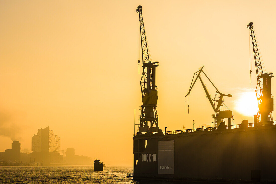 Sonnenaufgang im Hamburger Hafen mit Blick auf die Silhouette der Hafenkräne, und der Elbphilharmonie, Hamburg, Deutschland