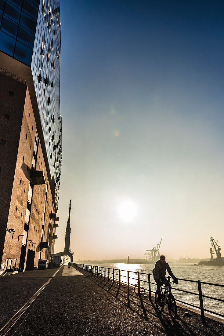 A cyclist in front of the Elbhilharmonie at sunrise, Hamburg, Germany