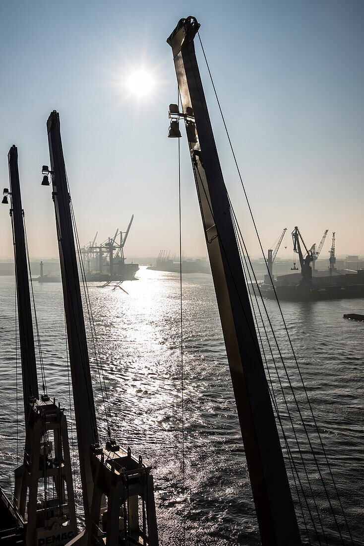 Morgenstimmung an der Plaza der Elbphilharmonie mit Blick auf das Hafengebiet, Hamburg, Deutschland