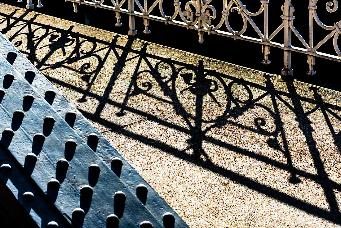 A bridge with metal railing in the historical store house district, Hamburg, Germany