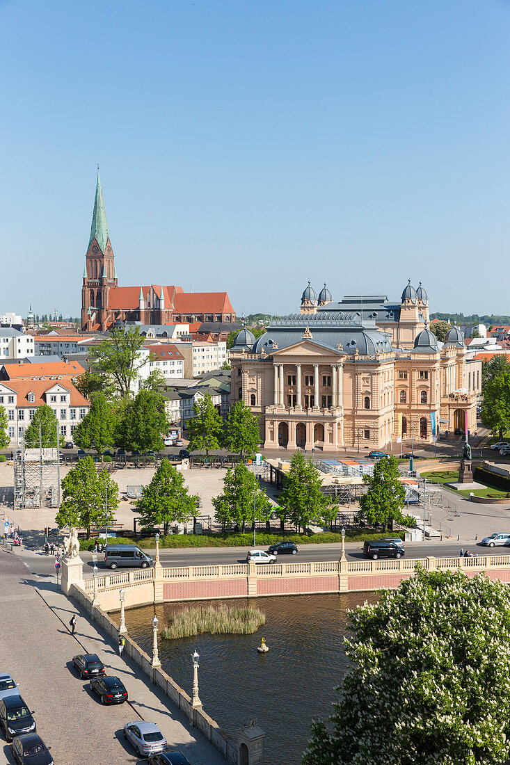 view from Schwerin castle in the direction of old town and cathedral, provincial capital, Mecklenburg lakes, Schwerin, Mecklenburg-West Pomerania, Germany, Europe