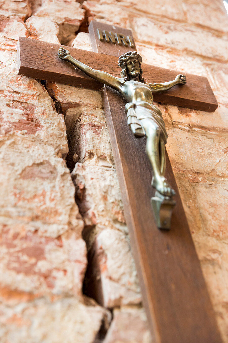 Jesus, cross, crack in wall, ruins of the monastery Dargun, Mecklenburg lakes, Mecklenburg lake district, Dargun, Mecklenburg-West Pomerania, Germany, Europe
