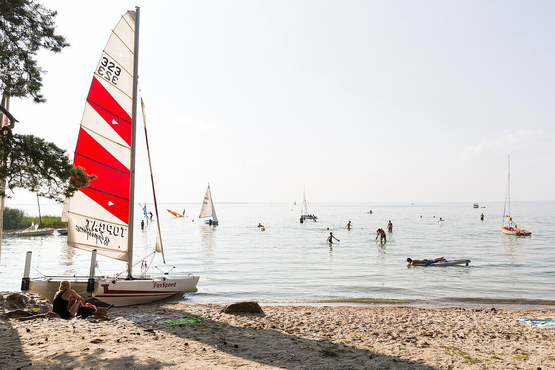 Boats, sailing boats, windsurfing school, shore of lake Müritz, Mecklenburg lakes, Mecklenburg lake district, Boeker Mühle, Mecklenburg-West Pomerania, Germany, Europe