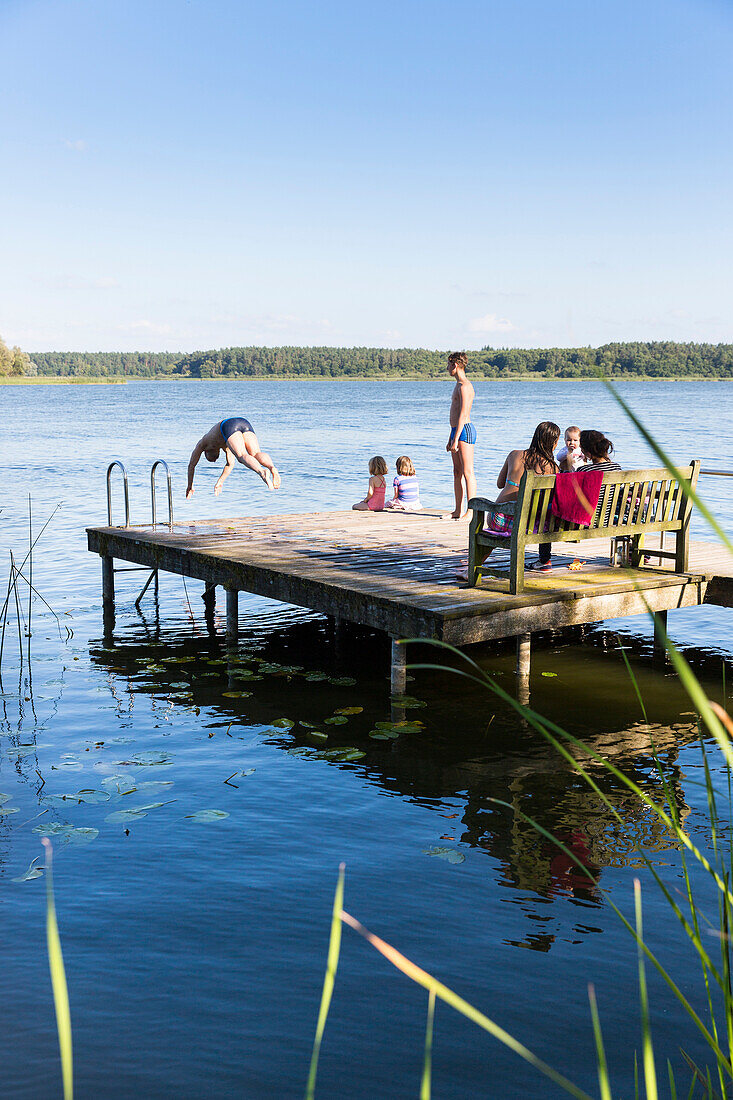 Swimming, diving into water, family, playing in the water, holiday, summer, swimming, sport, lake Neuklostersee, Mecklenburg lakes, Mecklenburg lake district, Neukloster, Mecklenburg-West Pomerania, Germany, Europe