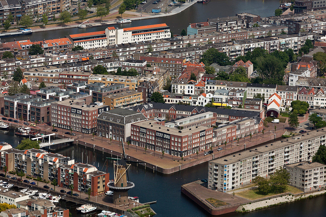 Aerial view of Delfshaven neighborhood, Rotterdam, Netherlands