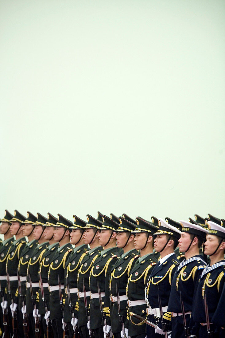 Members of the Chinese Honor Guard stand at attention during a political ceremony in Beijing' s Great Hall of the People, Beijing, China.